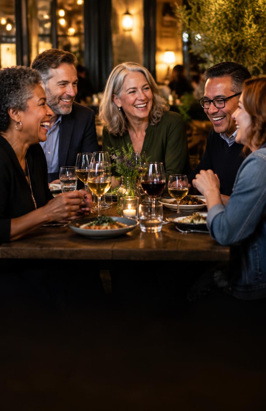 A group of adults over 45 sharing dinner and conversation